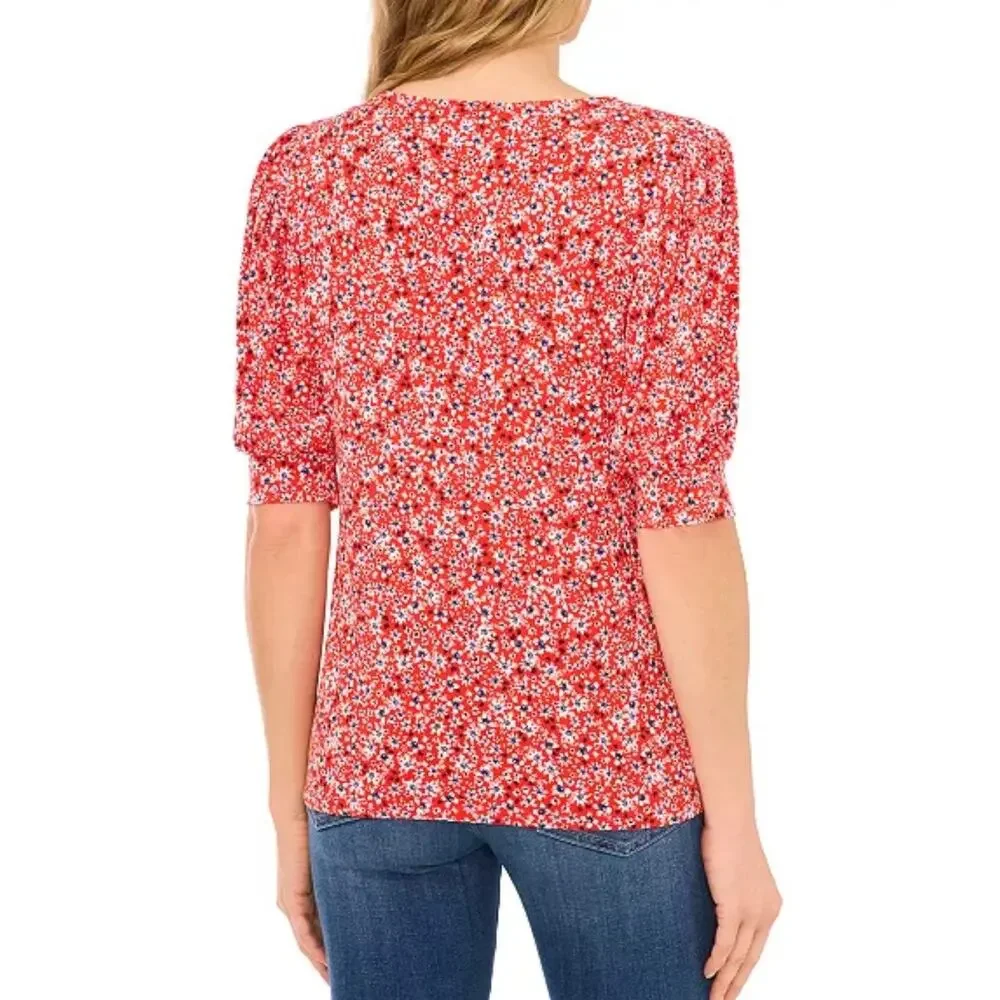 CeCe Women's Floral Blouse Size XL Scoop Neck 3/4 Sleeve Orange Knit Top NEW - Picture 3 of 10